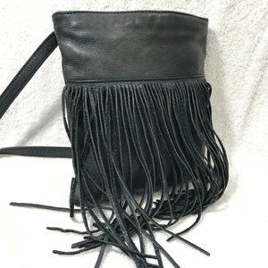 Margot Leather Black Fringe Tassel Crossbody Shoulder Bag